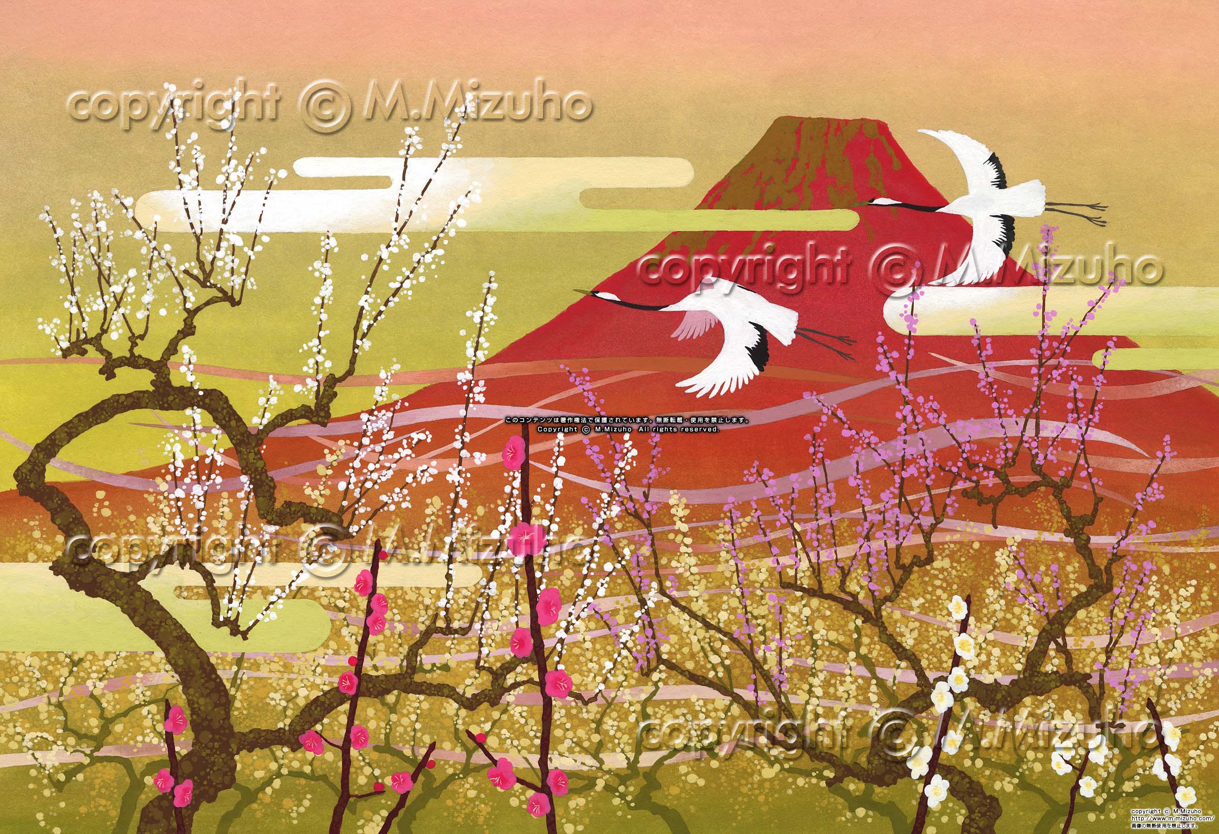 赤富士 富士山の新春の日の出の赤富士の和風イラスト