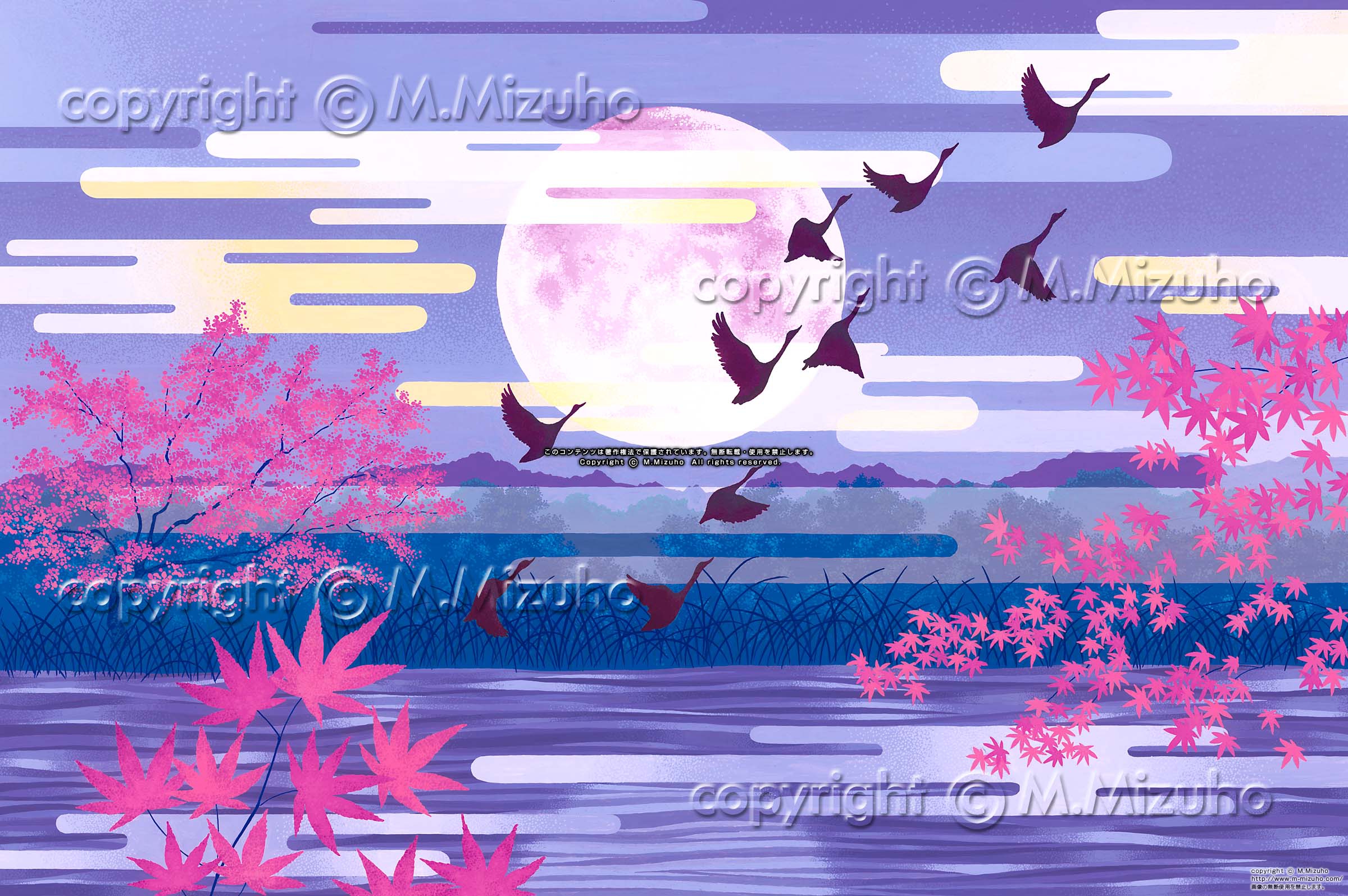 月光の薄紅葉 モミジの月の雁の和風イラスト