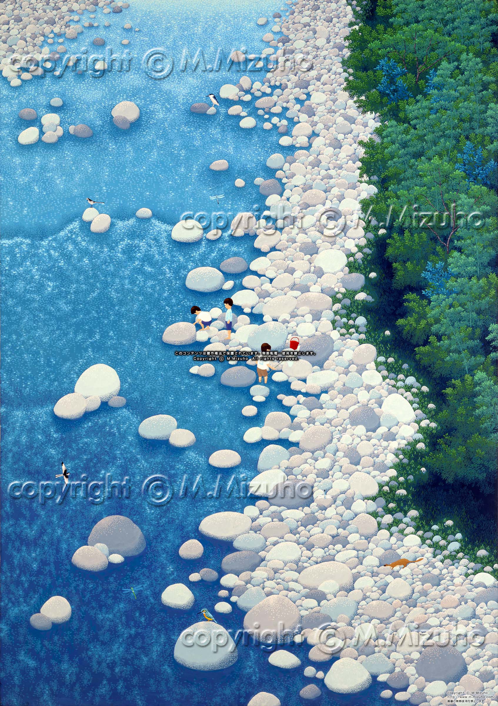 川ガキ 子どもの川遊びの清流の懐かしい郷愁風景イラスト