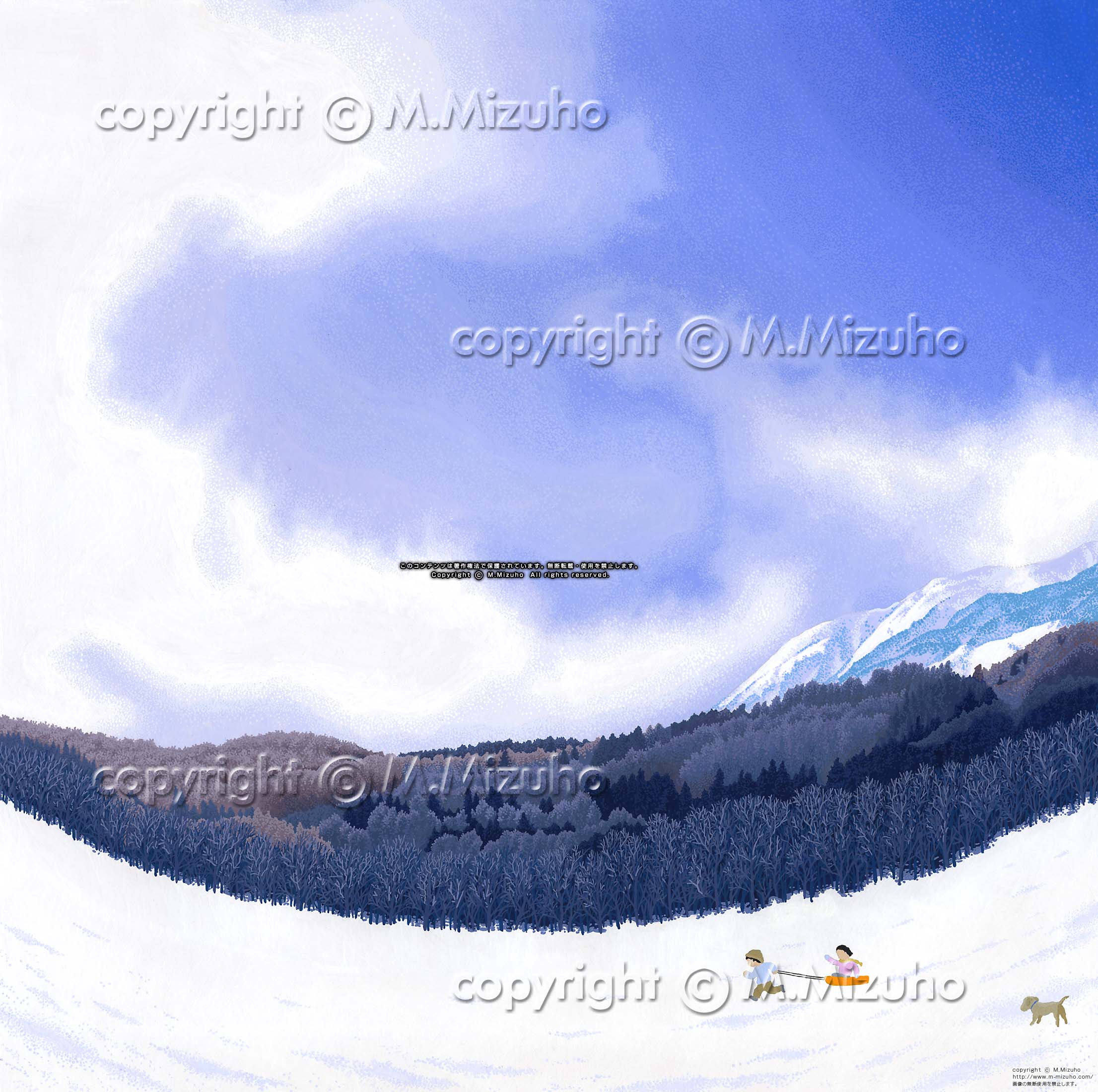 美山ヶ原 冬の子どもの雪の懐かしい郷愁風景イラスト