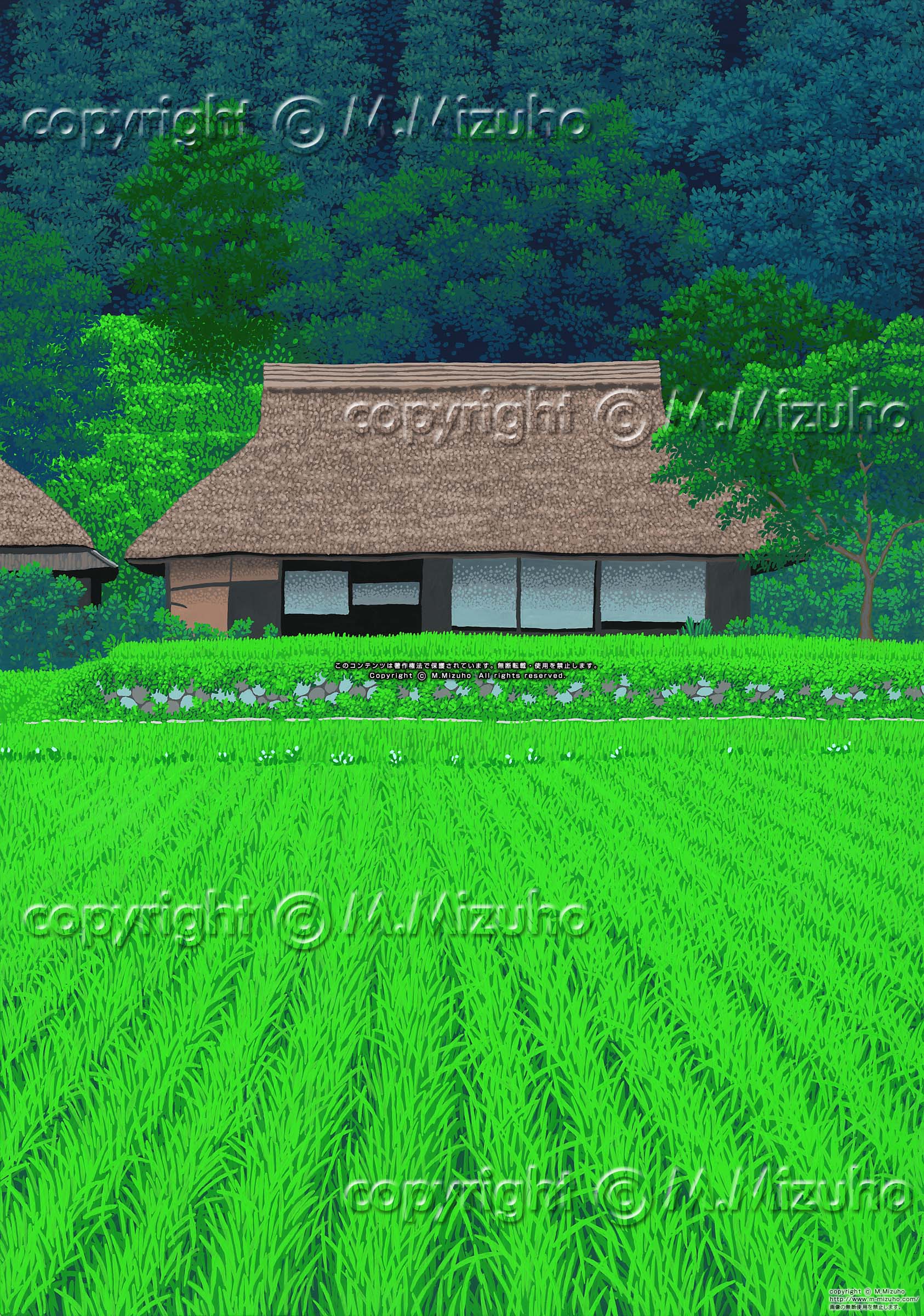 なつやすみ 田んぼの田舎の稲の藁葺き屋根の懐かしい郷愁風景イラスト
