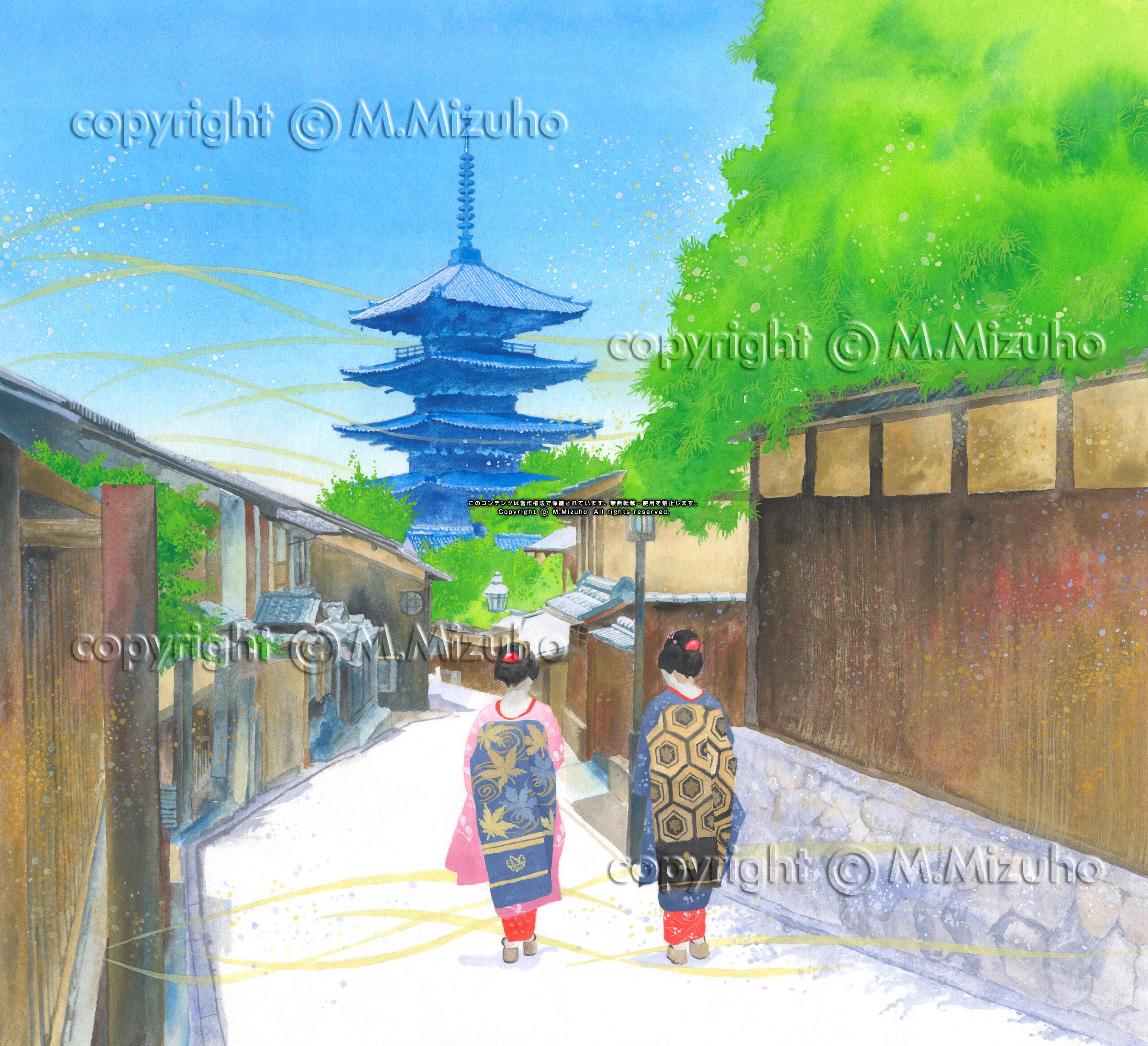 夏の京都 京都の八坂の塔の八坂通りの夏の法観寺の和風イラスト