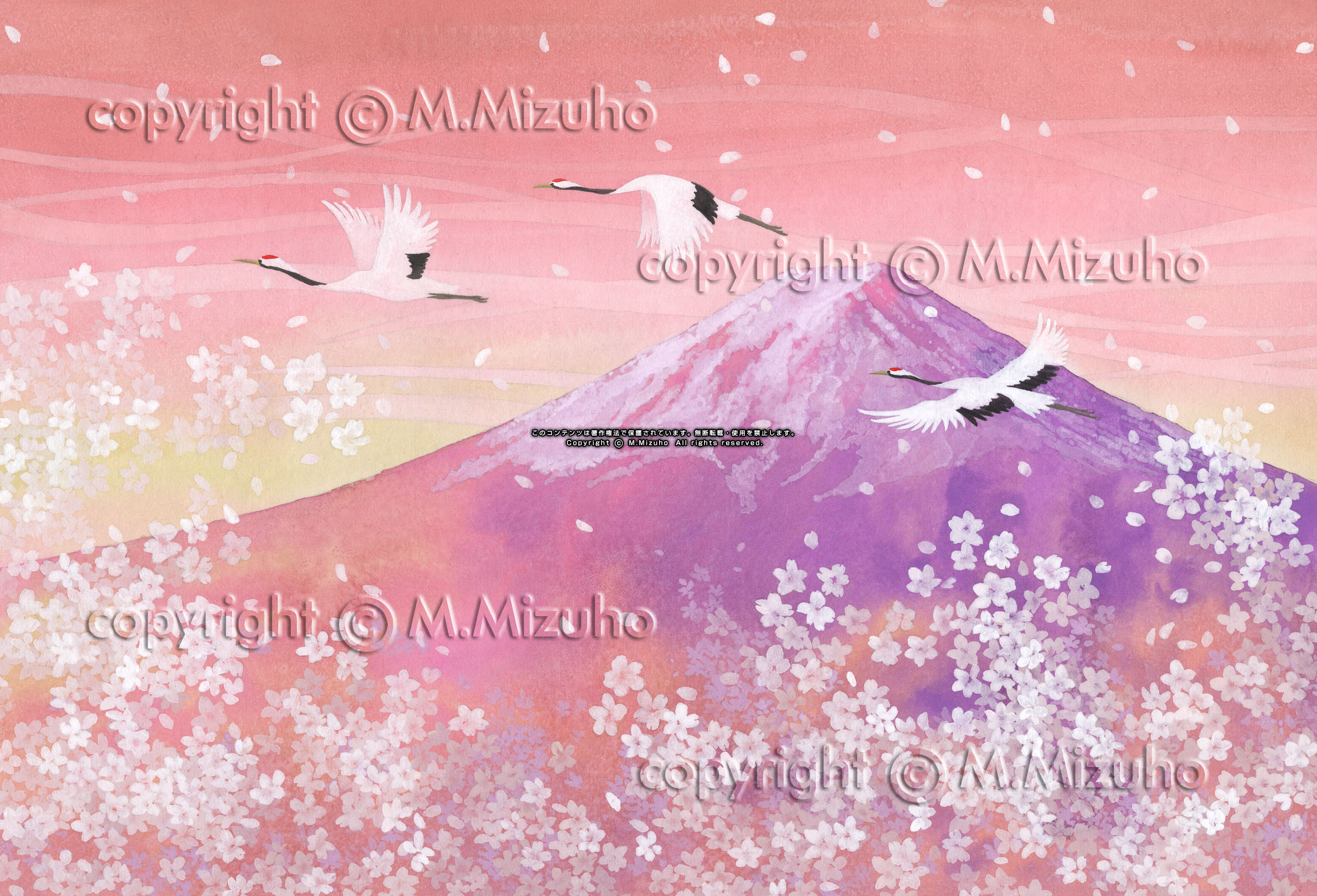 桜富士 丹頂鶴の日の出の赤富士の和風イラスト